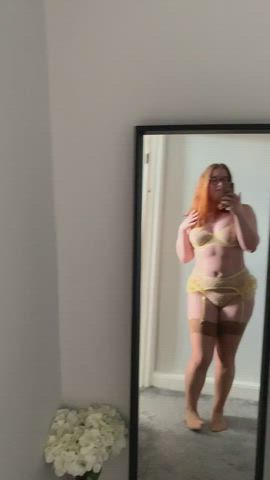 chubby cute innocent lingerie mirror pale redhead stockings underwear gif