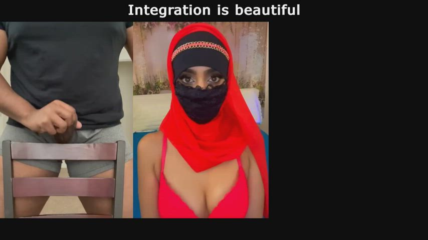 bwc ballbusting breeding cbt caption ebony hijab interracial split screen porn gif