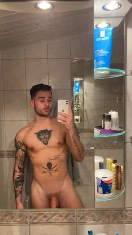 bathroom naked tattooed gif