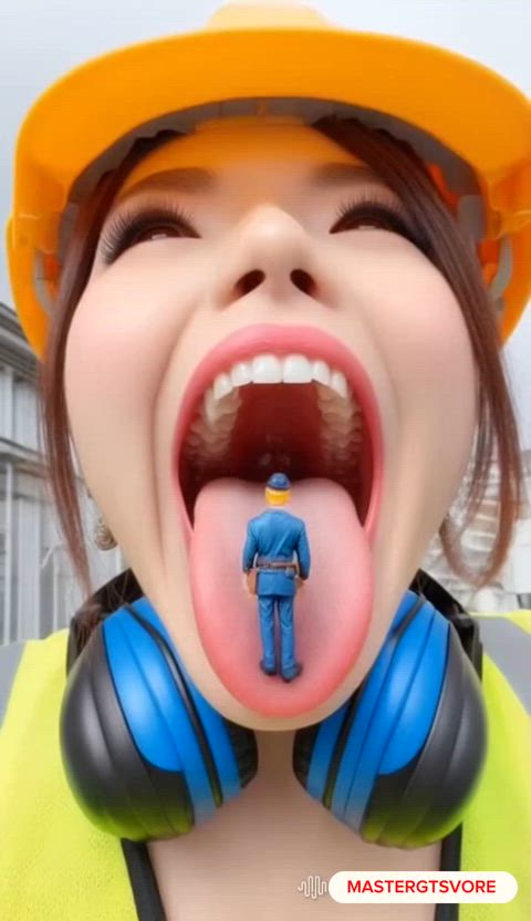 Japanese female construction worker eats a snack