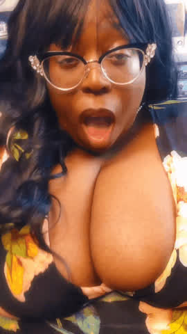 big tits cleavage ebony eye contact glasses jiggling masturbating orgasm gif