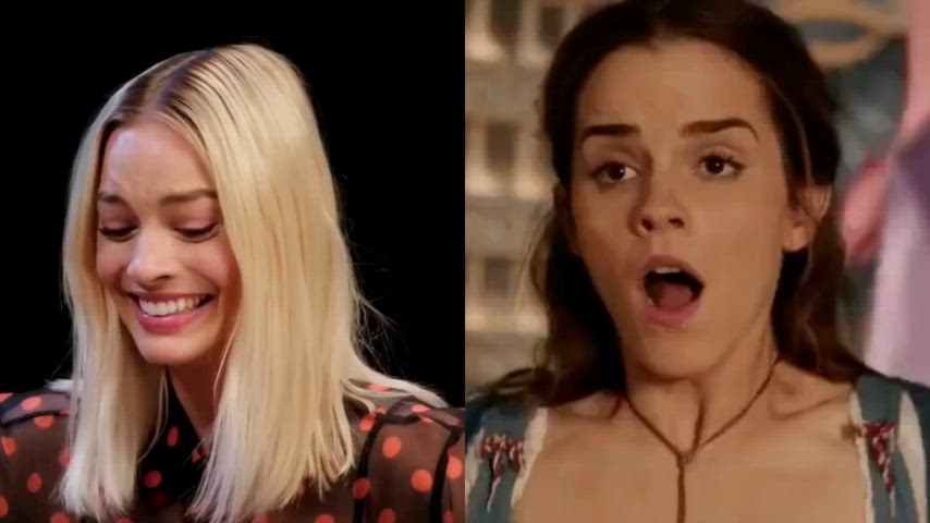 blonde brunette emma watson margot robbie orgasm r/o_faces r/splitscreenedits gif