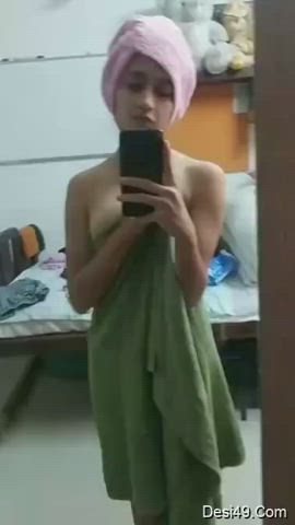 Desi Girlfriend Indian Natural Tits Selfie Teen Titty Drop Towel gif