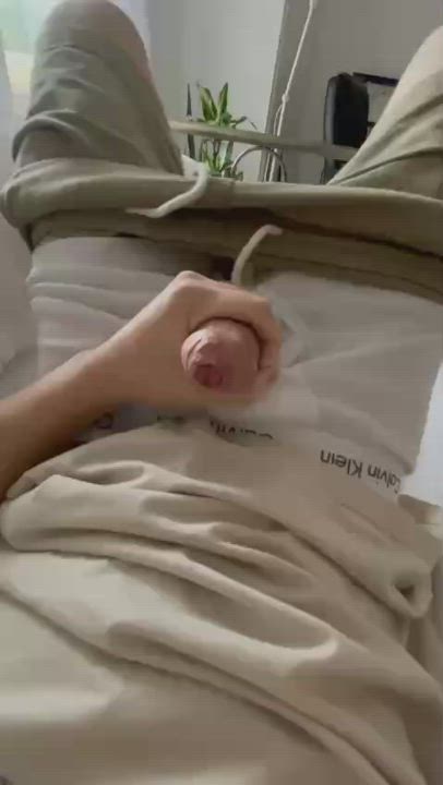 Uncut cock cumming all over