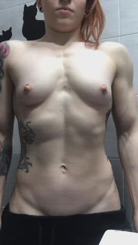 muscular girl piercing shaved pussy small tits gif