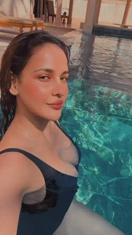 big tits bollywood celebrity cleavage indian swimming pool swimsuit tits gif